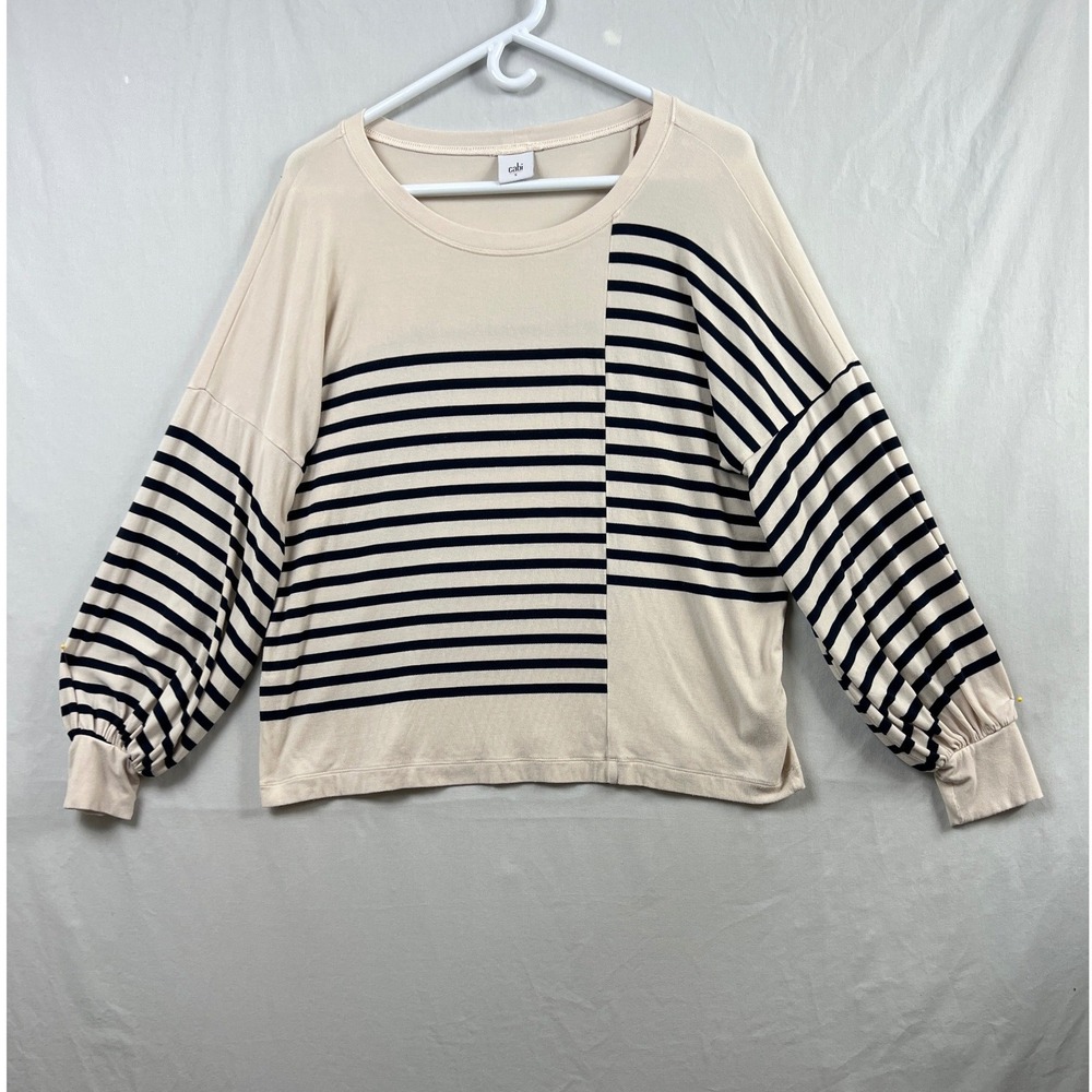 Cabi 4237 Striped Knit Top Women S Cream Navy Boxy Tee Shirt Balloon Sleeve
